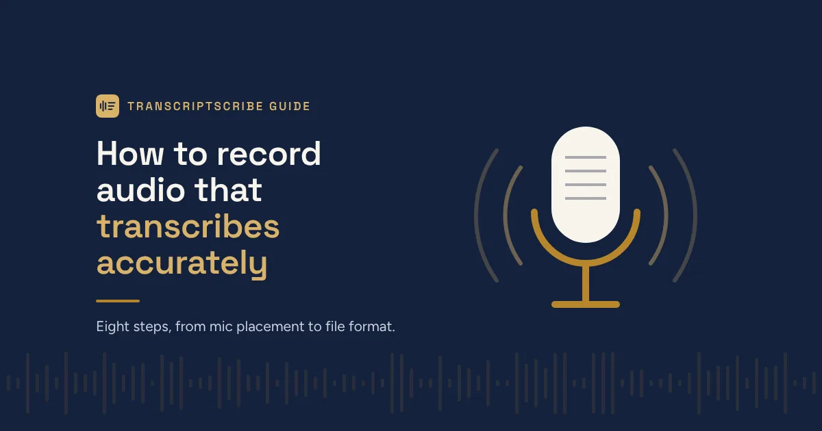 A microphone with sound waves on a navy background, beside the title "How to record audio that transcribes accurately".