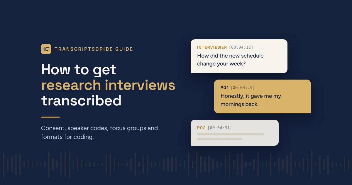 Transcript lines from a research interview, labeled Interviewer, P01 and P02 with timestamps.