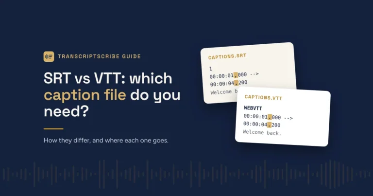 Two caption files side by side, an SRT file with a comma before the milliseconds and a VTT file with a period.