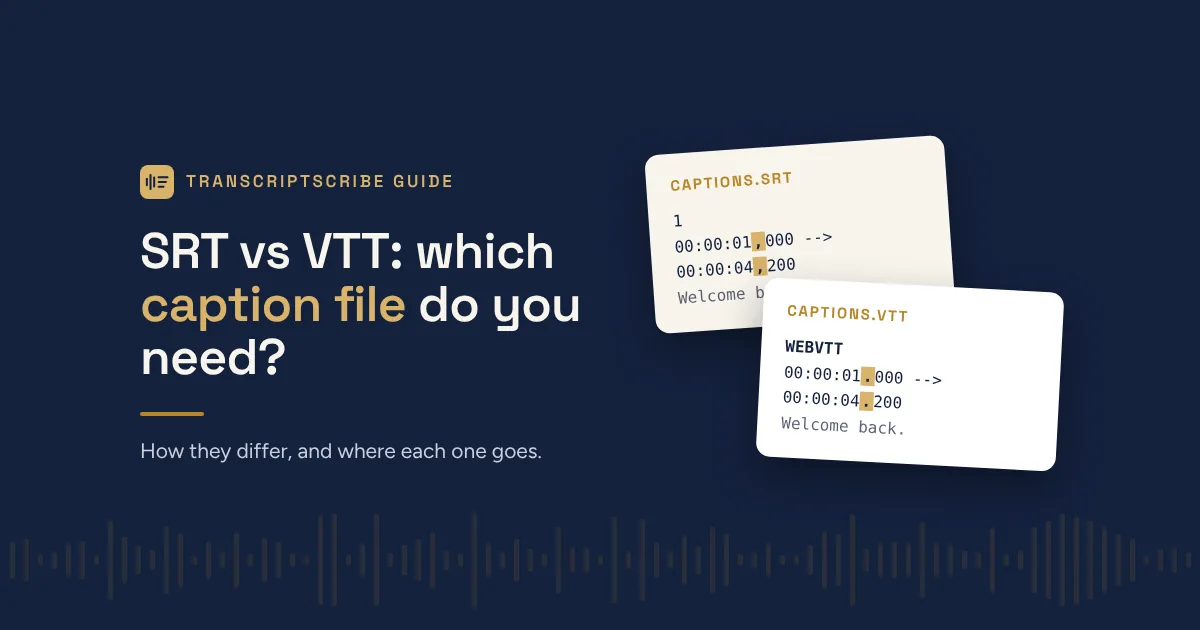 Two caption files side by side, an SRT file with a comma before the milliseconds and a VTT file with a period.